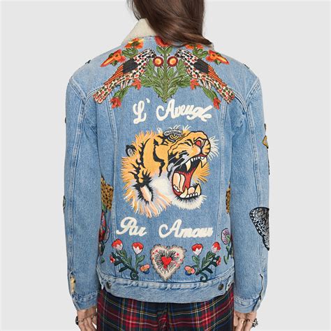 gucci tiger jacket cheap|gucci denim jacket embroidered rep.